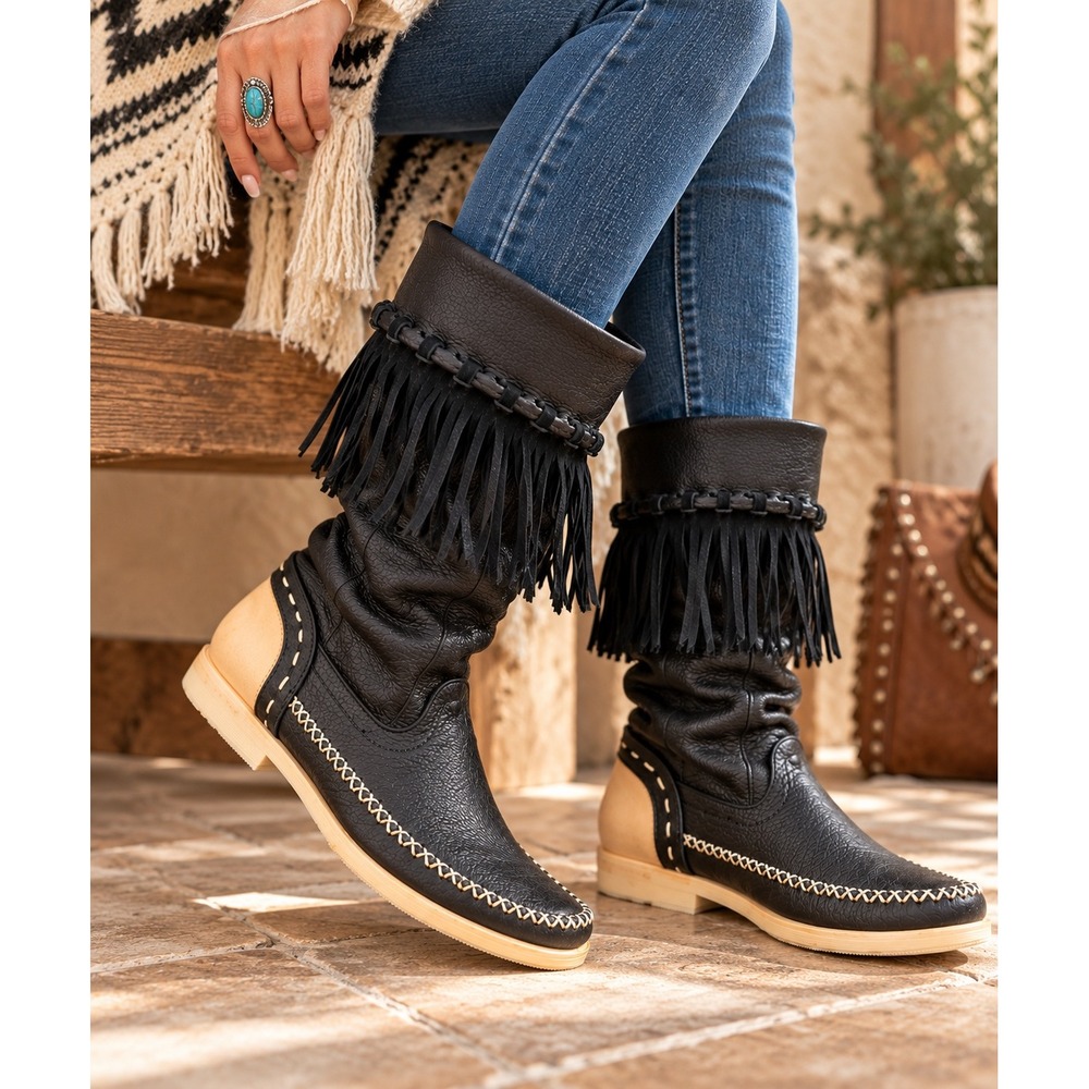 Rinaldi Italy Black Leather Fringe Boots Womens 41‎ US 11 Western Moccasin Boho